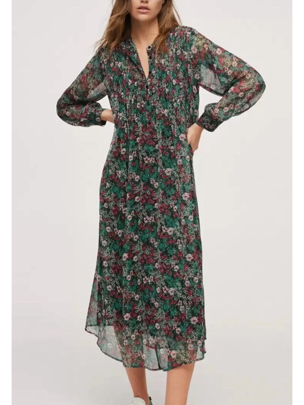 MNG Women's Floral Sheer Chiffon V-Neck Button Front Midi Dress Size M